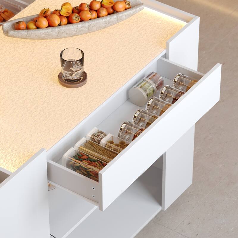 LED Kitchen Island with Tempered Glass Top, Rolling Storage Cabinet with 3-Color Lighting