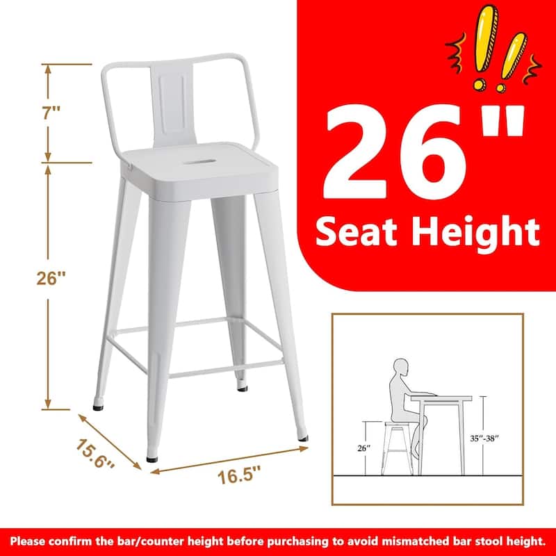 Metal Counter & Bar Stools Set of 4, 26" and 30" Seat Height Barstools with Metal Frame and Low Back for Kitchen lsland