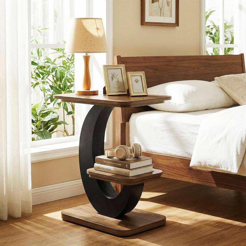 Industrial 2-Tier Narrow Side Table with Metal Arc Frame, Wooden End Table Nightstand with Storage Shelf for Small Spaces