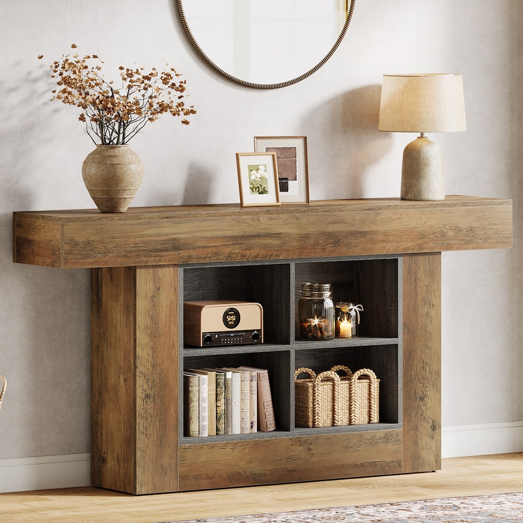 63" Console Table with 4 Storage Cubes, Farmhouse Entryway Table Sofa Table