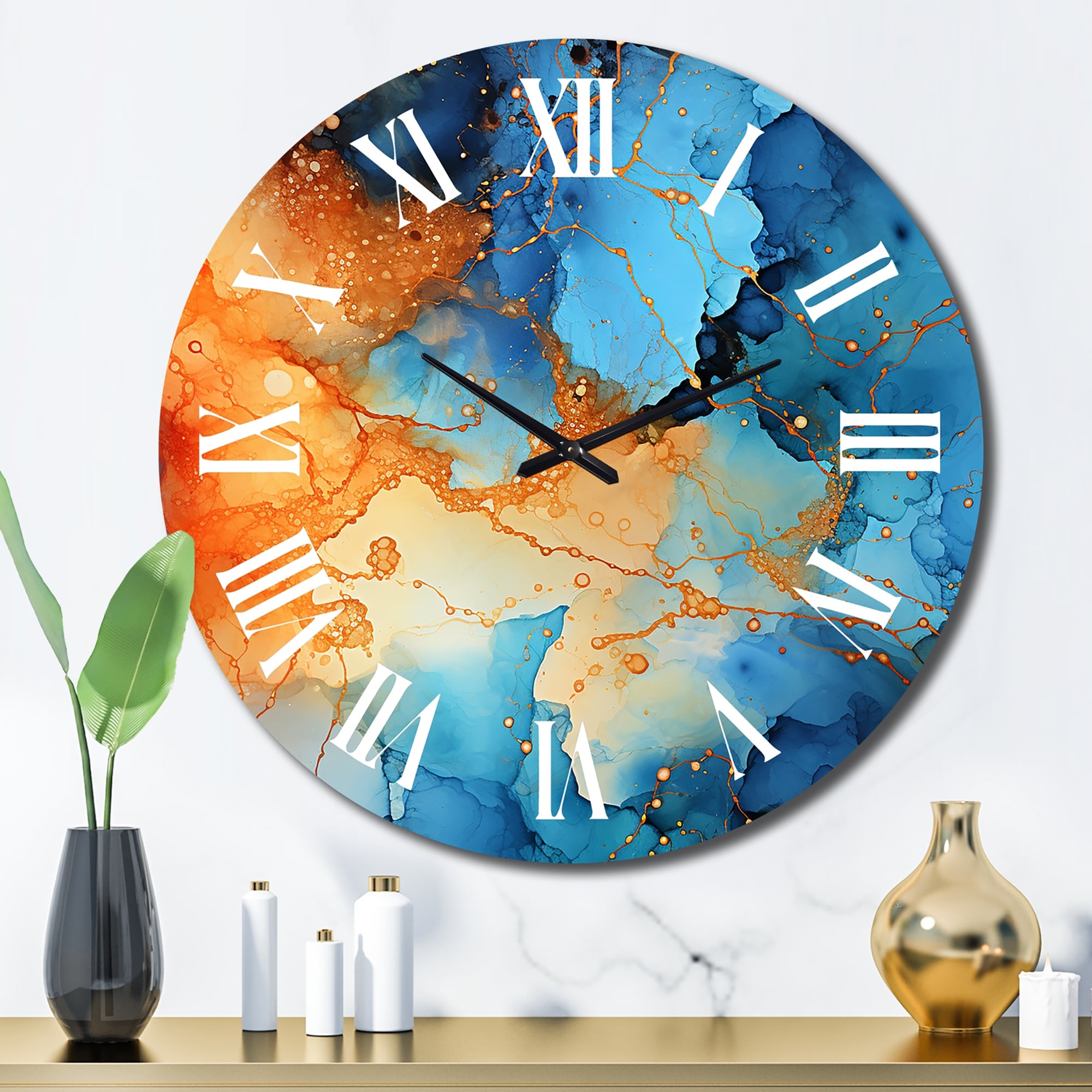 Designart "Love Spirit Turquoise And Orange Marble Art I" Abstract Painting Oversized Wall Clock