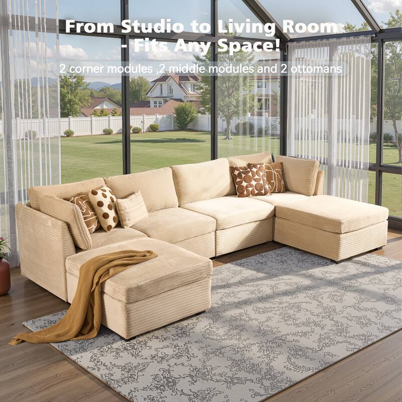 HOOOWOOO Modular U-shaped Corduroy Fabric Sectional Sofa Couch with Ottoman