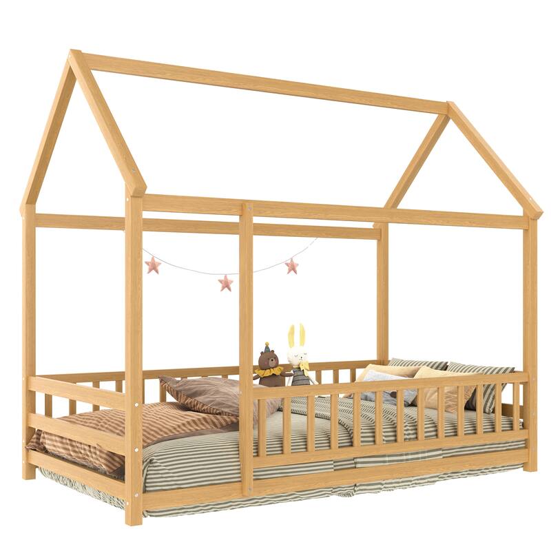Twin Size Floor Wooden Bed with House Roof Frame, Fence Guardrails