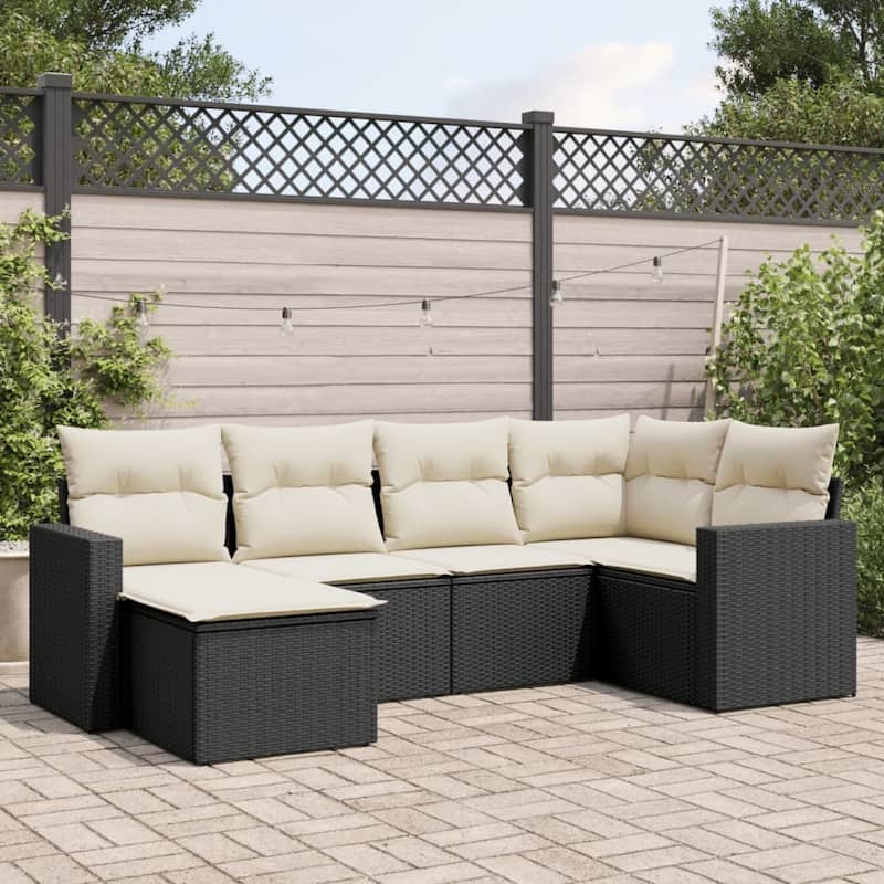 vidaXL Garden Sofa Set 7 Piece with Cushions Outdoor Sofa Set Poly Rattan - 24.4 x 25.8 x 27.2 in (W x L x H) - Black and Cream