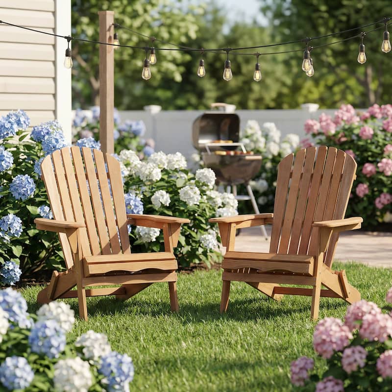 Outdoor Wooden Folding Adirondack Chair Set of 2 with Pre-Assembled BackRest, for Garden Backyard Porch Pool