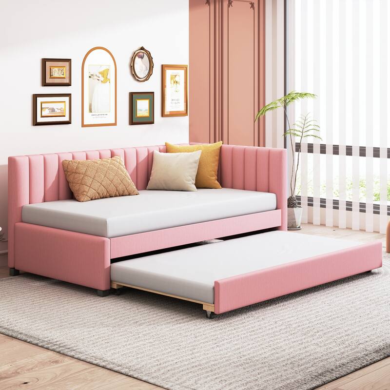 Upholstered Daybed with Twin Size Trundle, Twin Size Linen Fabric Sofa Bed Frame with L-Shaped Headboard, No Box Spring Needed - Pink