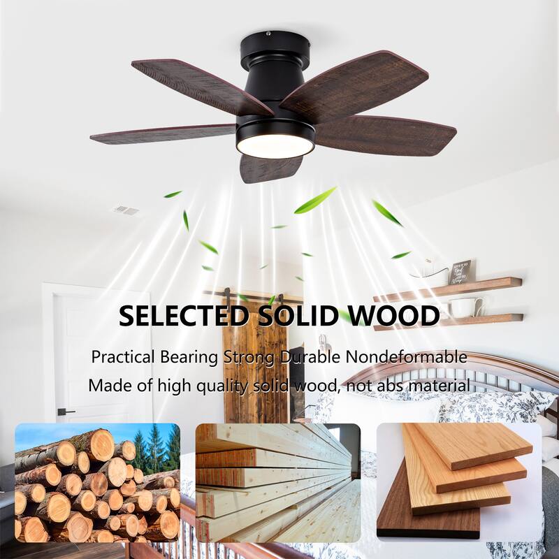 32 Inch Modern Black Ceiling Fan With Light 3 Solid Wood Blades Remote Control Reversible DC Motor With Dimmable LED