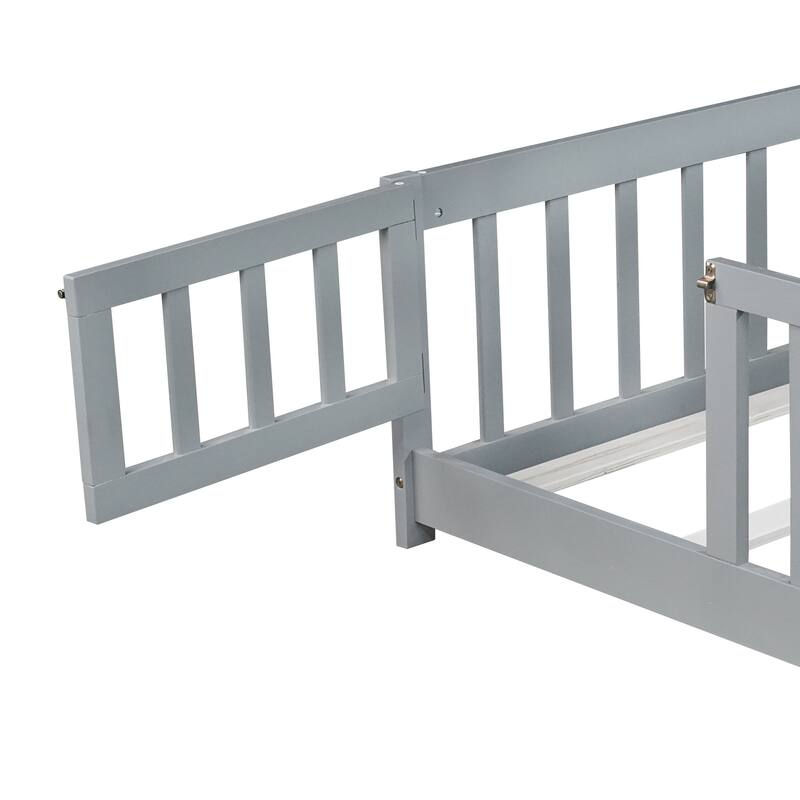 Roomfitters Twin/Full/Queen Rubber Wood Floor Bed with Fence and Swing Door, Safety Guardrails, Low Profile Design