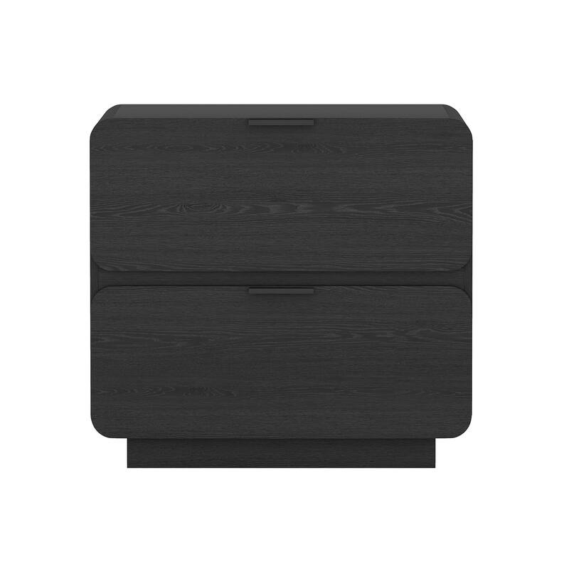 Modern Nightstand with 2 Drawers Wood Grain Texture Metal Pulls - Black
