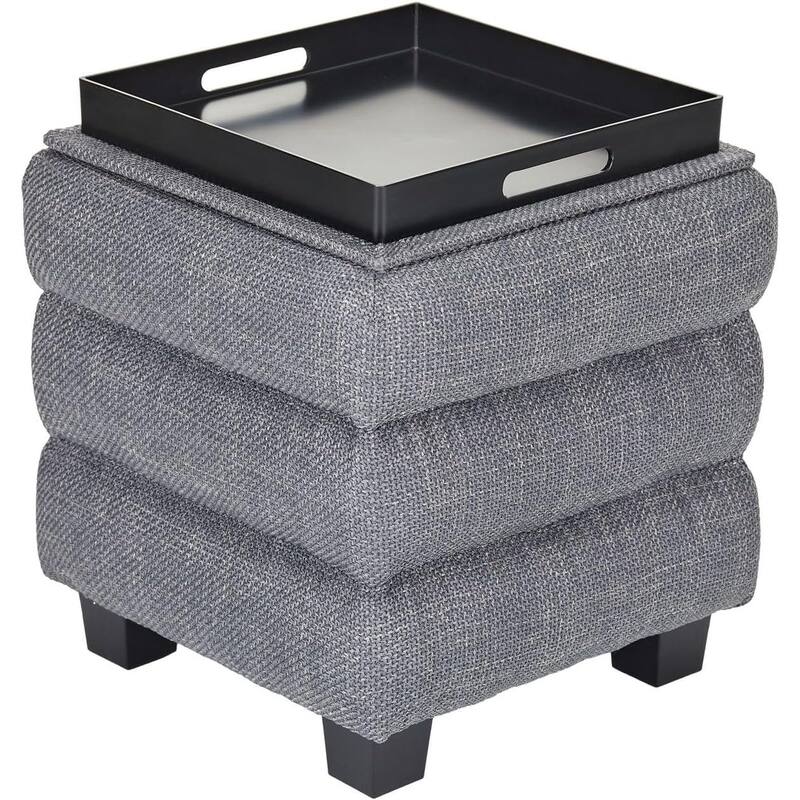 Modern Cube Ottoman with Tray Top and Hidden Storage Linen Seat