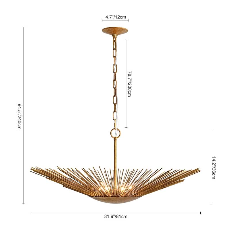 6-Light Vintage Luxury Gold Foiled Wide Wide Sunburst Chandelier 32in