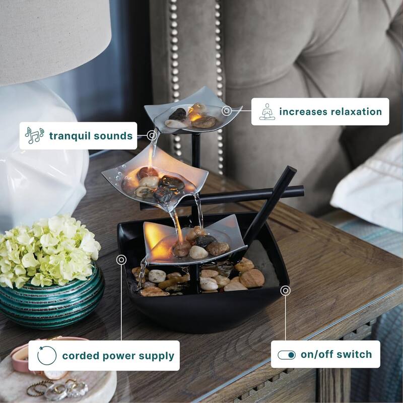 Homedics Silver Springs Tabletop Fountain | Relaxing Water Feature with LED Light & Adjustable Flow for Home or Office