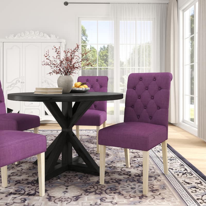 Button Tufted Upholstered Chairs, Round Kitchen Table with Cross Pedestal, Black Purple Practical Table and Chair Set