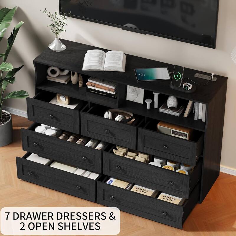 7 Drawer Dresser TV Stand for Bedroom with Charging Station & LED Lights