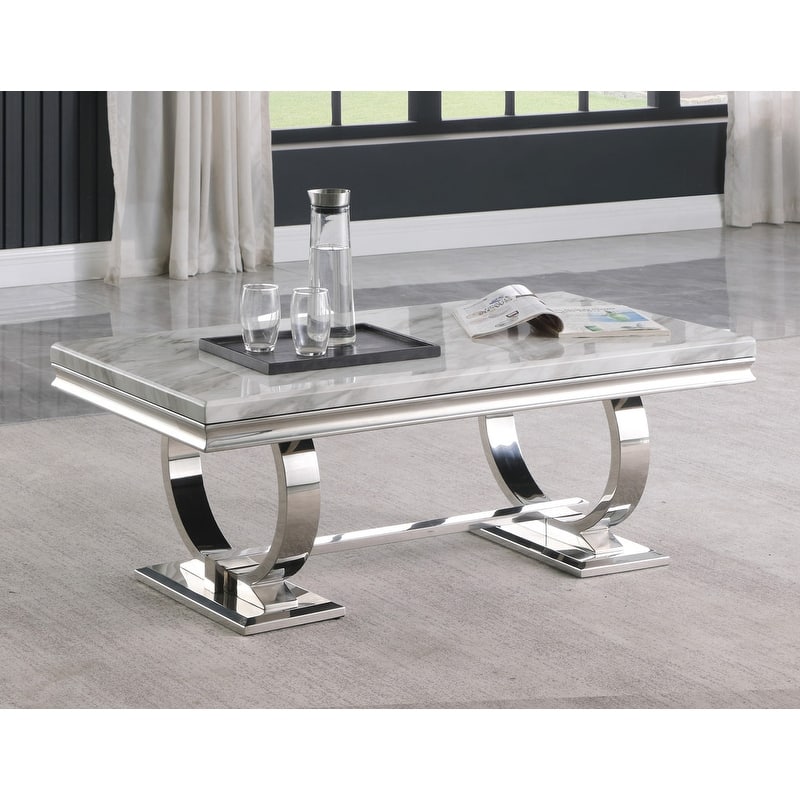 Best Master Furniture Erasmus White/Silver Marble Double Pedestal Coffee Table