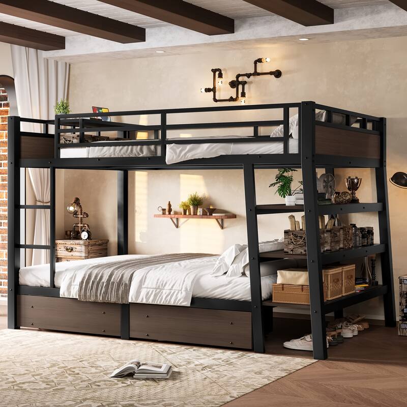 Metal Bunk Bed with Open Storage Shelves, Underbed Drawers and Built-in Desk with Charging Station for Guest Rooms or Dorms