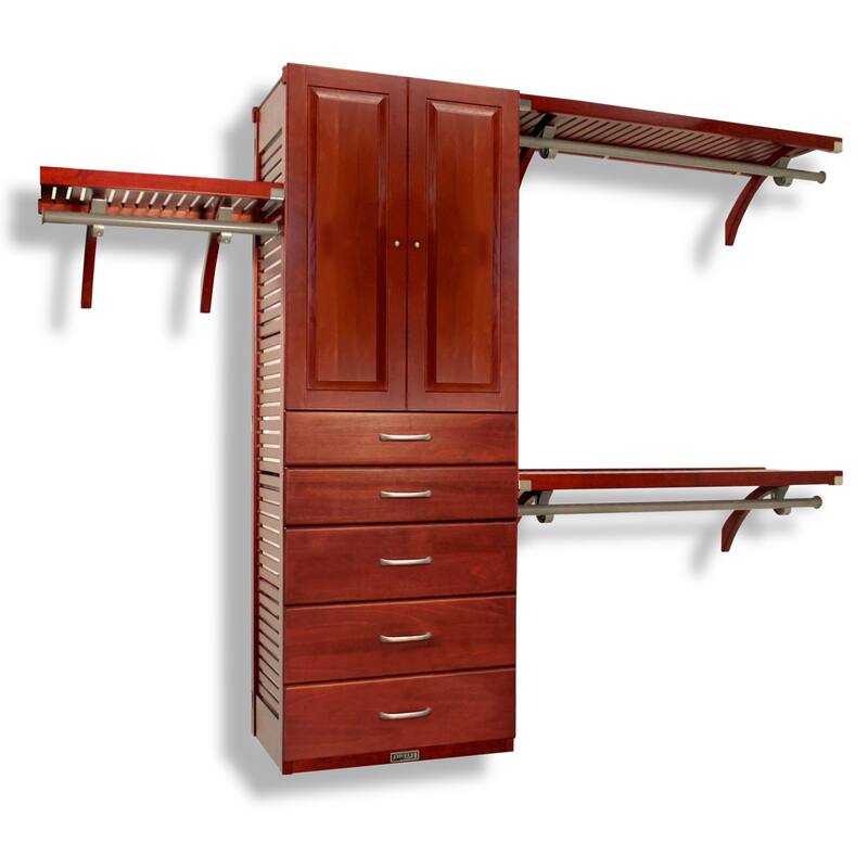 John Louis Home Solid Wood Walk-In Closet System with 5-Drawers and Raised Panel Doors Red Mahogany