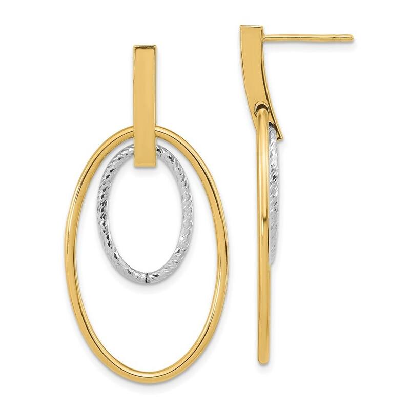 Curata 14kTwo-tone Gold Gold Polished and Textured Ovals Long Drop Dangle Post Earrings 44x22mm