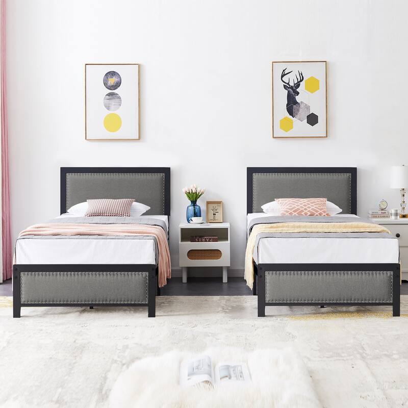 VECELO Upholstered Kids Bed with Headboard,Twin Size Bed Set of 2