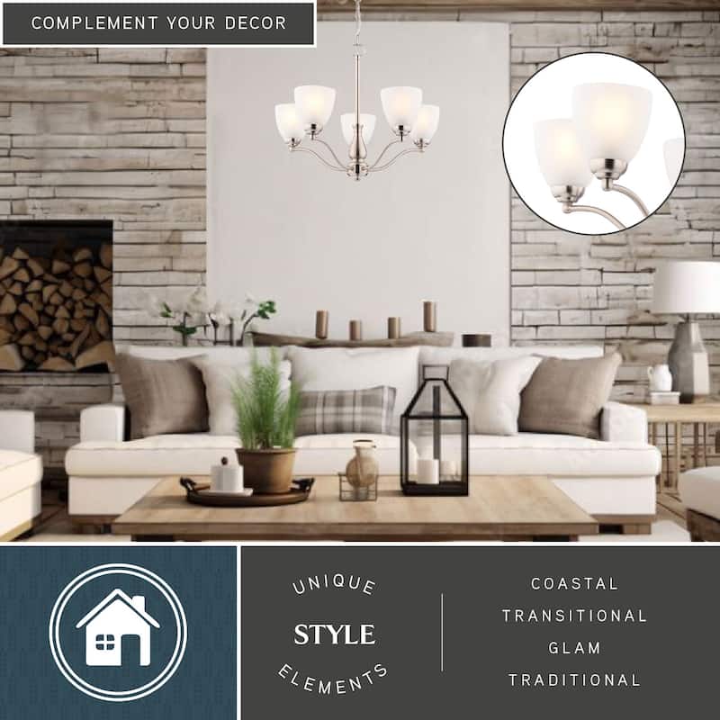 Bellwood 5-Light Traditional Chandelier, Glass Shade, Pendant Fixture for Dining Table Kitchen Entryway Bedroom Island