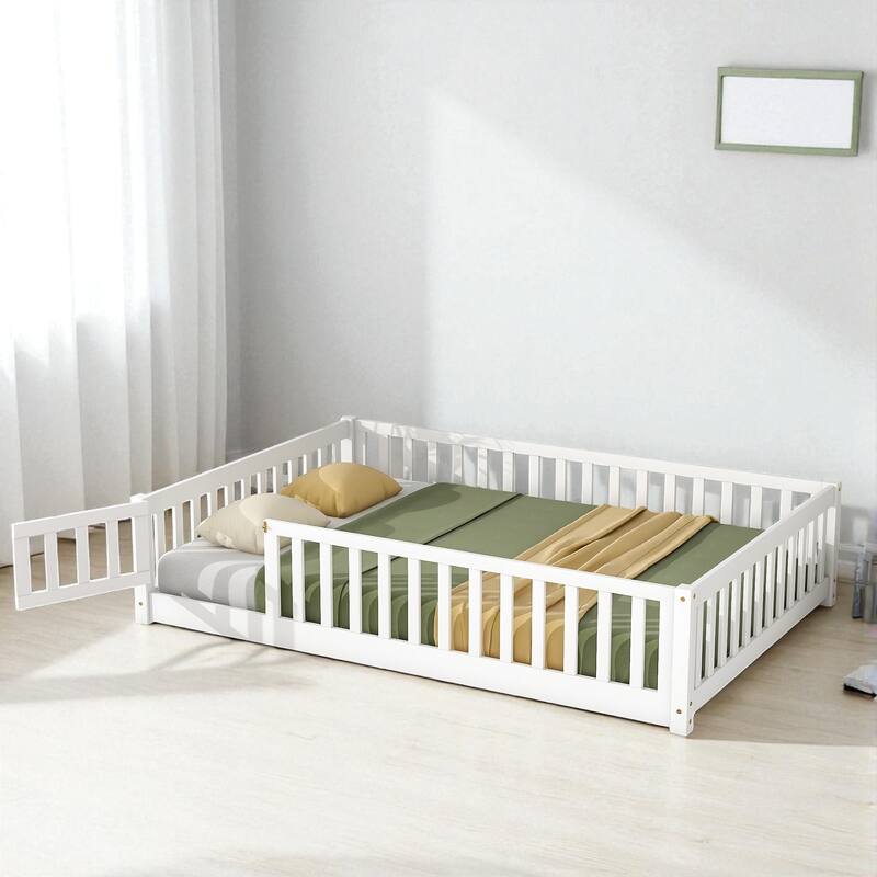Full Size Rubber Wood Floor Bed with Fence, Door and Safety Guardrails for Kids