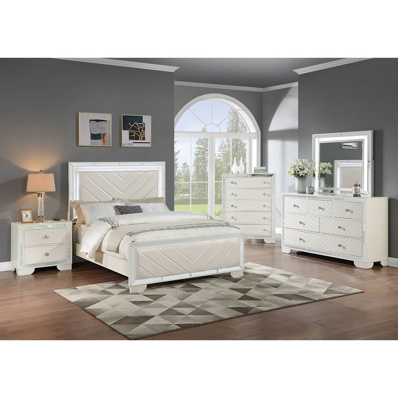 Transitional Style 1pc Bed Set Upholstered Headboard And Footboard LED Lights Cream Finish Bedroom Furniture