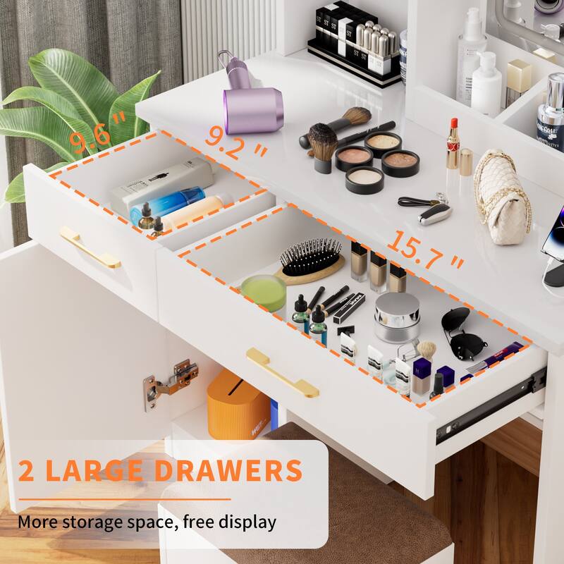 Makeup Vanity Table with LED Mirror, Power Outlet, Storage Cabinet, Cushioned Stool, 32" Wide