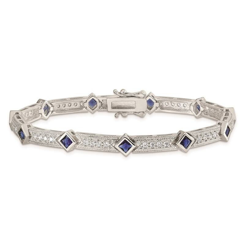 Curata 925 Sterling Silver Polished Open back Safety bar Box Catch Closure Blue and Clear CZ Cubic Zirconia Simulated Diamond