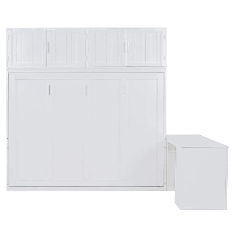Queen Size Murphy Bed with Storage Shelves and 2 Storage Cabinets, Wooden Foldable Wall Bed Frame with Desk & Hydraulic Lift