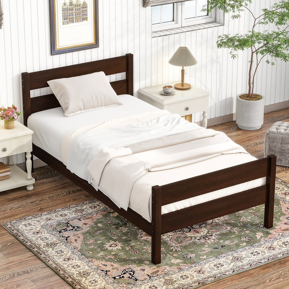 Twin Size Bed with Headboard and Footboard Rustic Minimalist Low Profile Platform Bed with Storage Underneath, Wood Slat Support