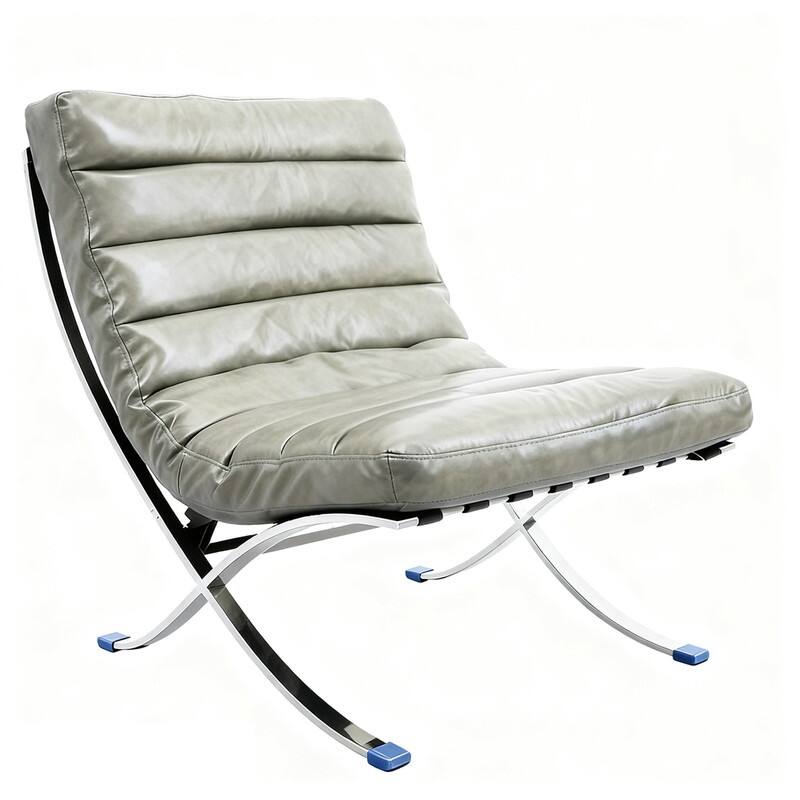 Mid Century Tufted Top Grain/ Faux Leather Upholstered Lounge Chair - Grey Genuine Leather Striped