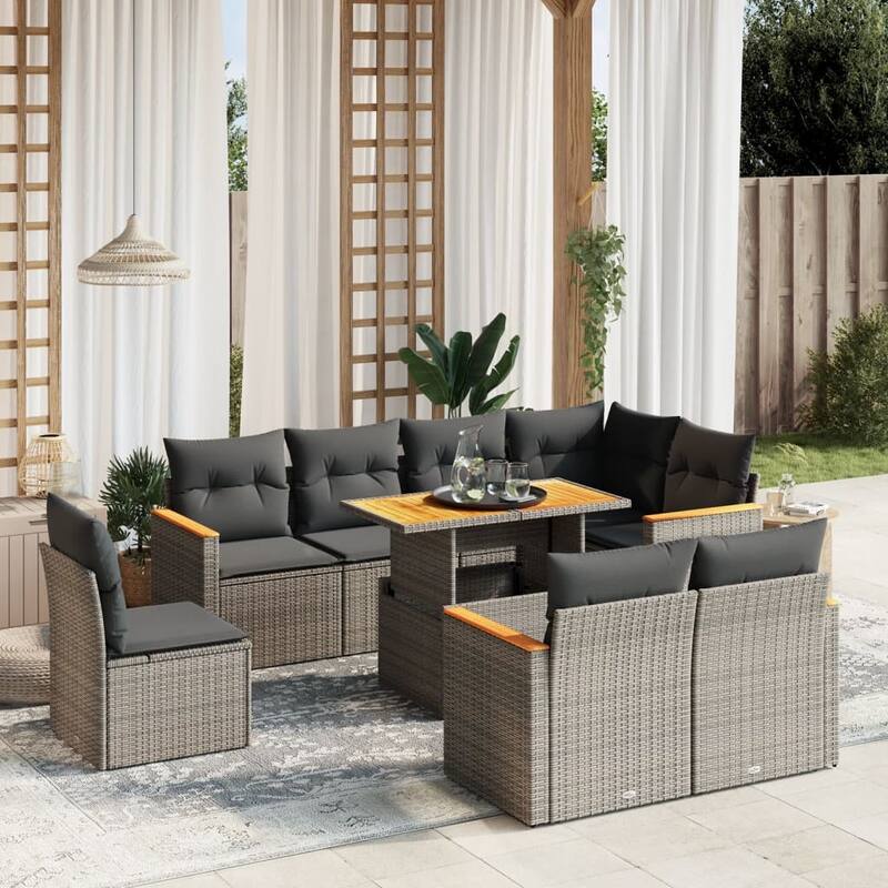 vidaXL Patio Sofa Set with Cushions Sofa Modules 9 Piece Poly Rattan Acacia - 21.7 x 39.4 x 28.7 in - Grey
