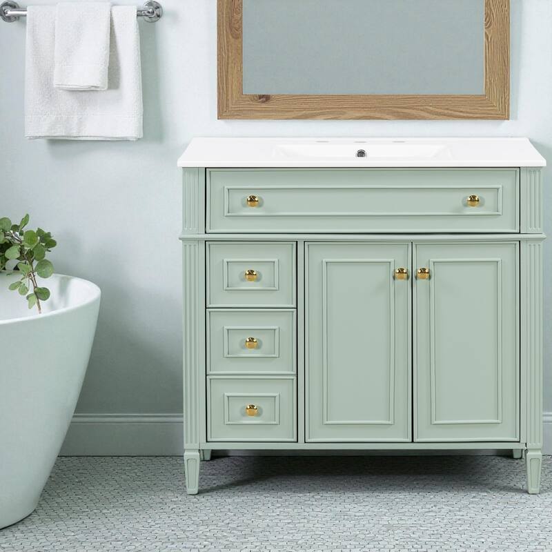 36" Freestanding Bathroom Vanity with Sink, Solid Wood Frame, 3 Drawers & 2 Soft-Close Doors, Gold Handles