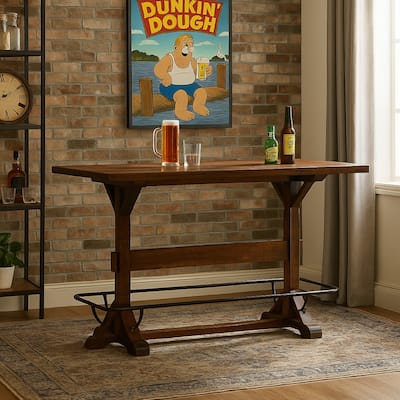 Flint Pub Bar Table, Black Metal Foot Rail, 78 Inch, Dark Brown Wood