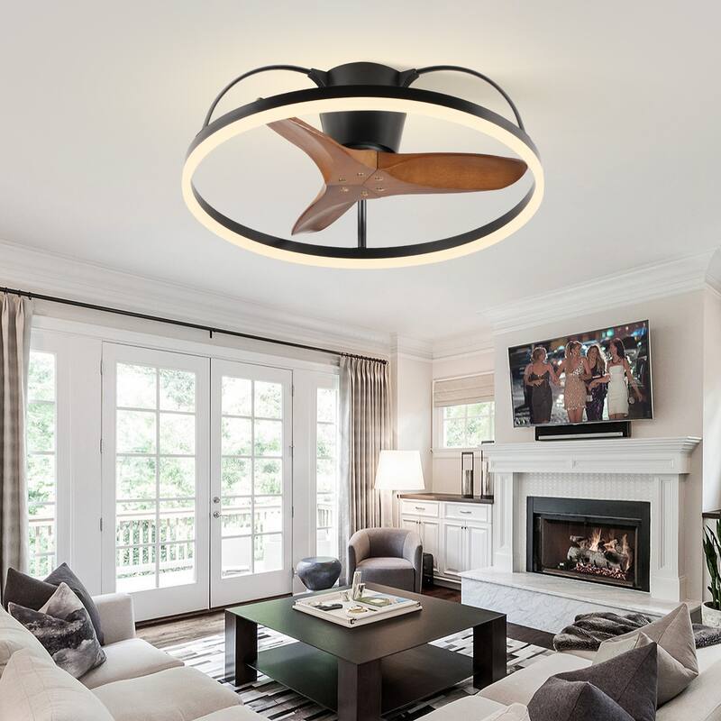 Farmhouse Solid Wood Blade Ceiling Fan with Light and Remote, 24" Low-Profile LED Fan Light Fandelier for Bedroom Kitchen