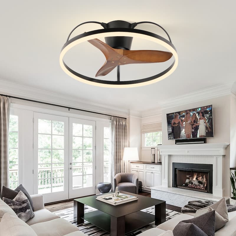 Solid Wood Blade Ceiling Fan with Light and Remote 24in Low-Profile Design,3000-6000K Dimmable Modern Flush-Mount LED Fan Light - Black