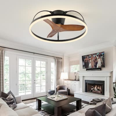 Solid Wood Blade Ceiling Fan with Light and Remote 24in Low-Profile Design,3000-6000K Dimmable Modern Flush-Mount LED Fan Light