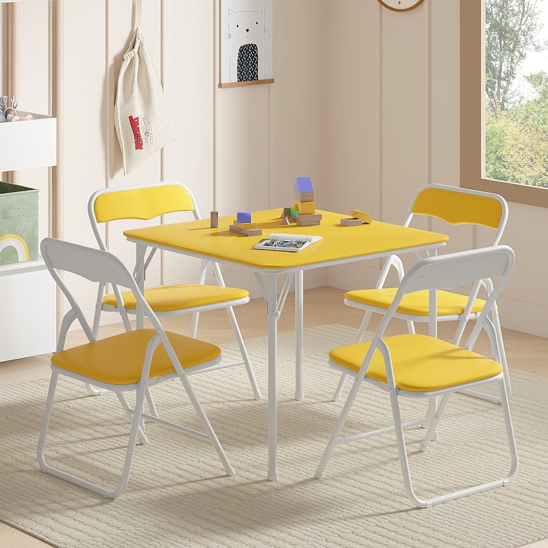 VECELO 5 Pcs Kids Folding Activity Table and Chairs Set, Portable, with Ultra Soft PU Padded Cushion, Matte Black