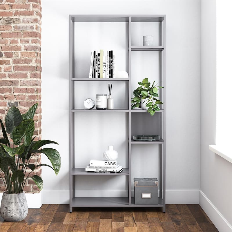 Roomfitters Mission District Metal Bookcase Room Divider with 6 Variating Shelves, Modern Gray