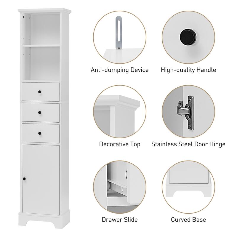 White Tall Bathroom Freestanding Storage with 3