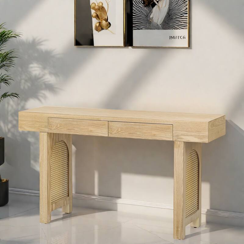 47.2" MDF Console Table with Rattan Accents and Two Drawers for Living Room and Hallway - Natural