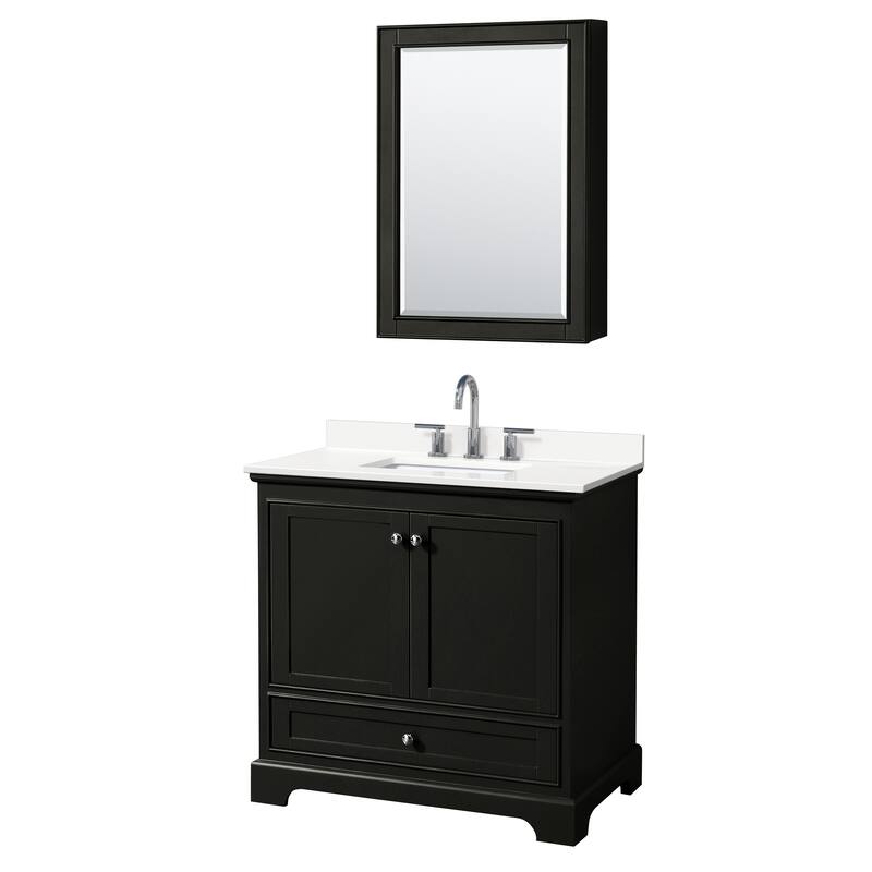 Deborah 36-inch Single Vanity, Quartz Top, Medicine Cabinet - Dark Espresso, Chrome Trim, White Quartz Top