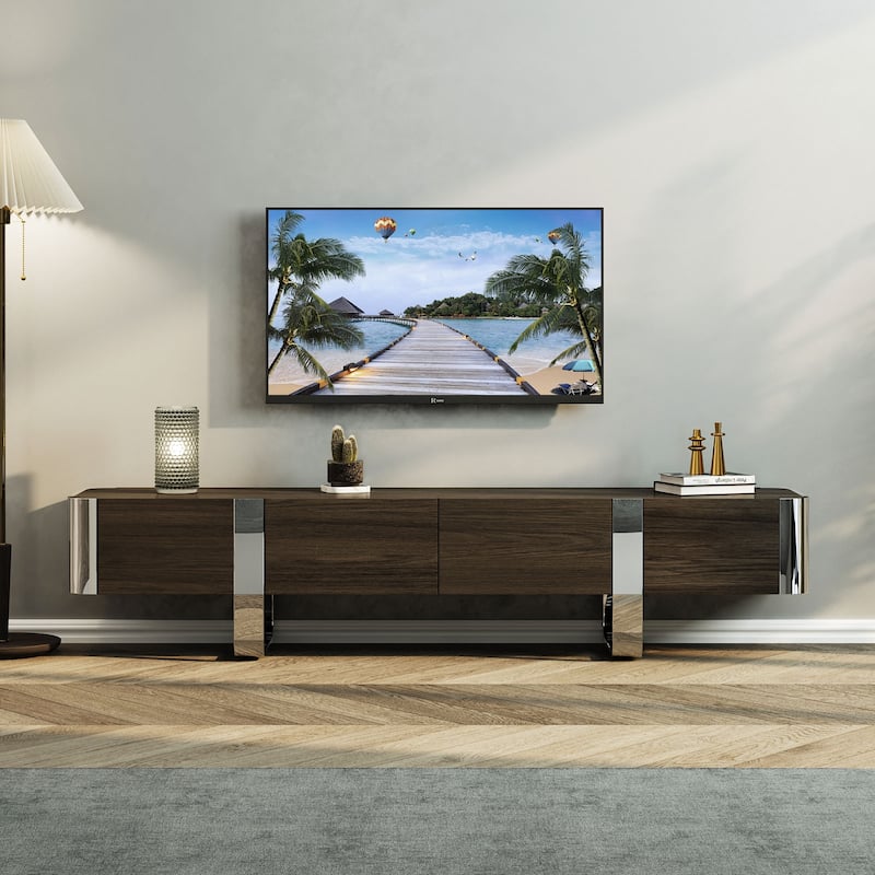 79 inch Wood TV Stand Partial Assembly Entertainment Center Modern Media Console with Drawers and Storage Cabinets - Walnut and Silver