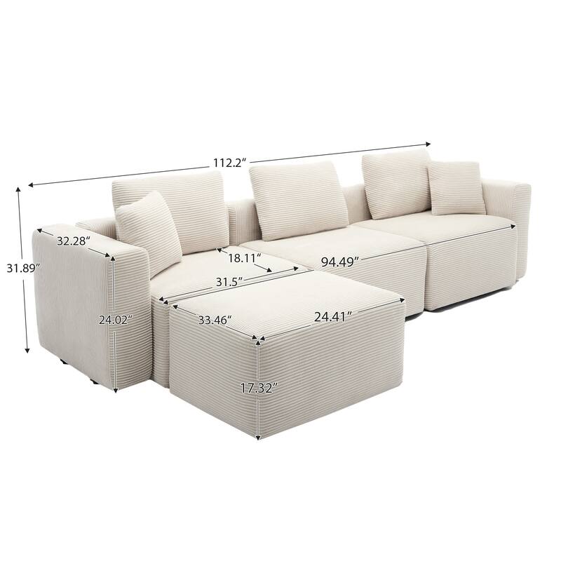 Corduroy Sectional Modular Sofa with Square Arms & Ottoman Extension for Flexible Arrangements