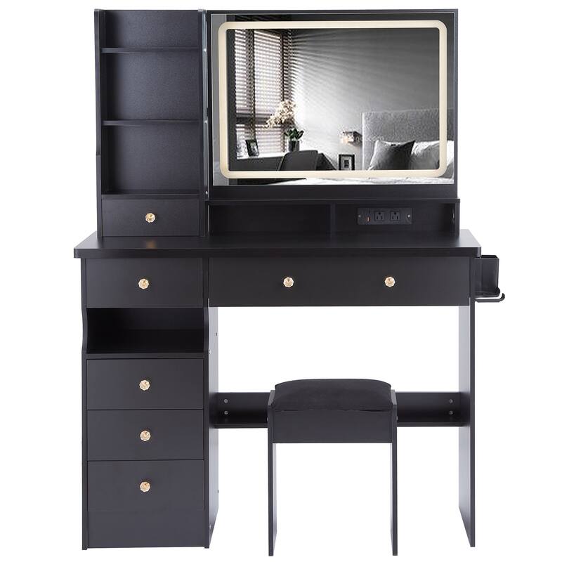 41" Large Size Left Drawer Desktop Vanity Table + Cushioned Stool Dresser Set, 2 AC+2 USB Power Station, Hair Dryer Stand