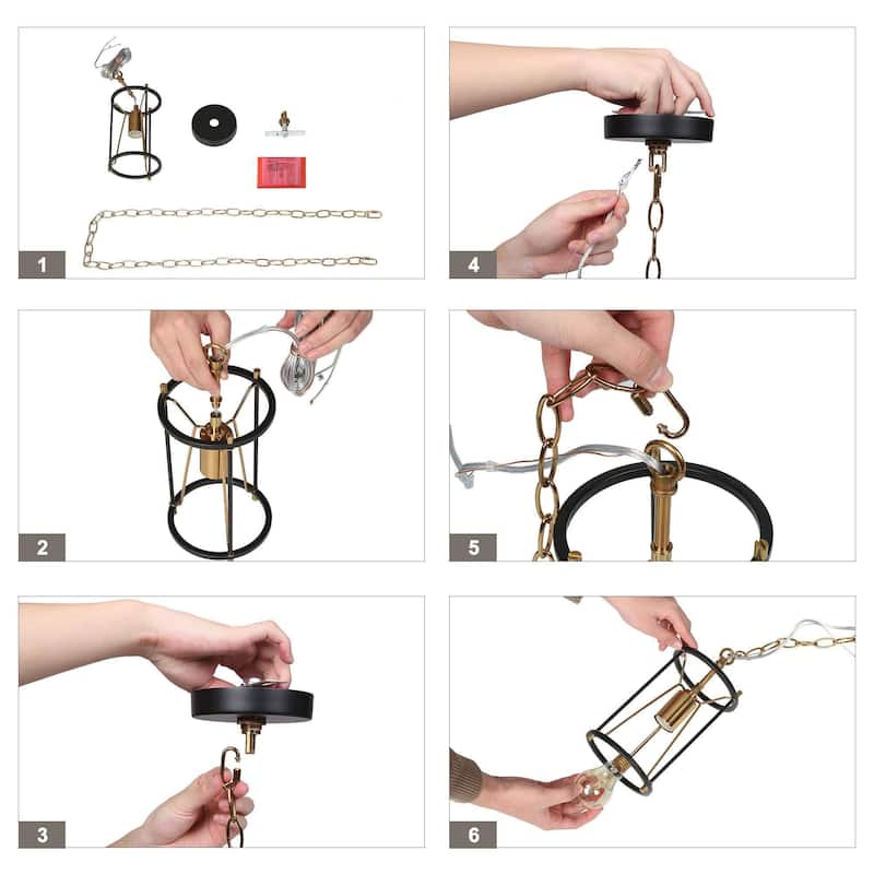 Modern Farmhouse 1-Light Black Gold Cylinder Cage Kitchen Island Pendant Lights for Dining Room