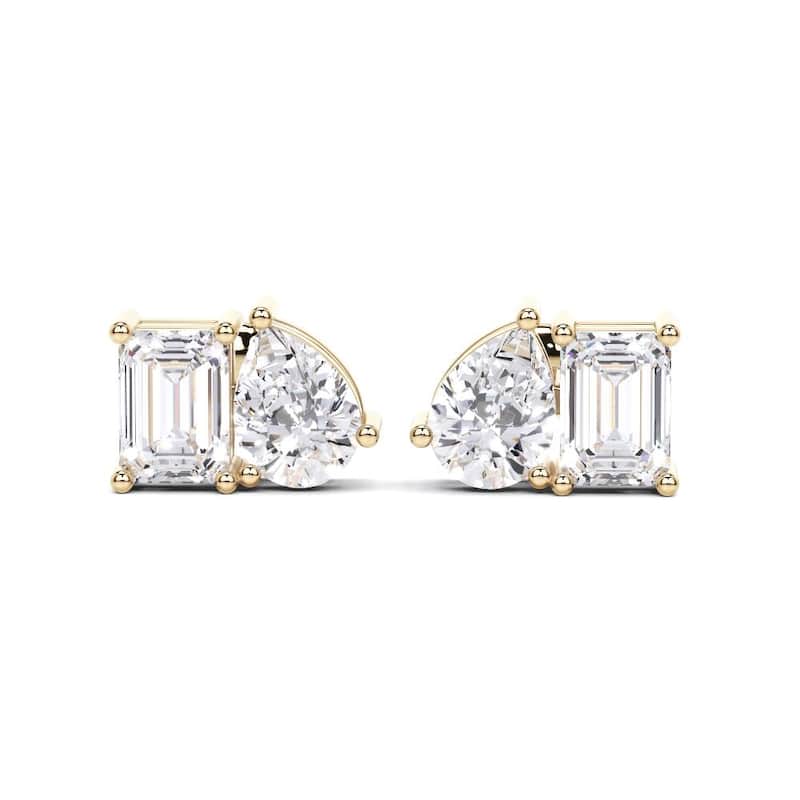 Auriya 14k Gold Emerald-cut and Pear-shaped Lab Grown Toi Et Moi Diamond Stud Earrings 4.00 ct. tw. Push-Back (F-G VS) - White - Yellow - 4.00ct. tw.