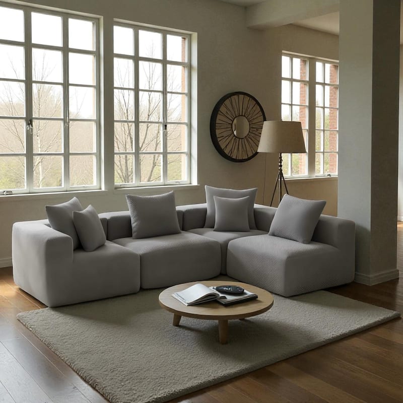 111" Modular Sectional Sofa with All-Foam Construction, Textured Upholstery and 6 Pillows, Low-Profile Couch for Living Room - Grey