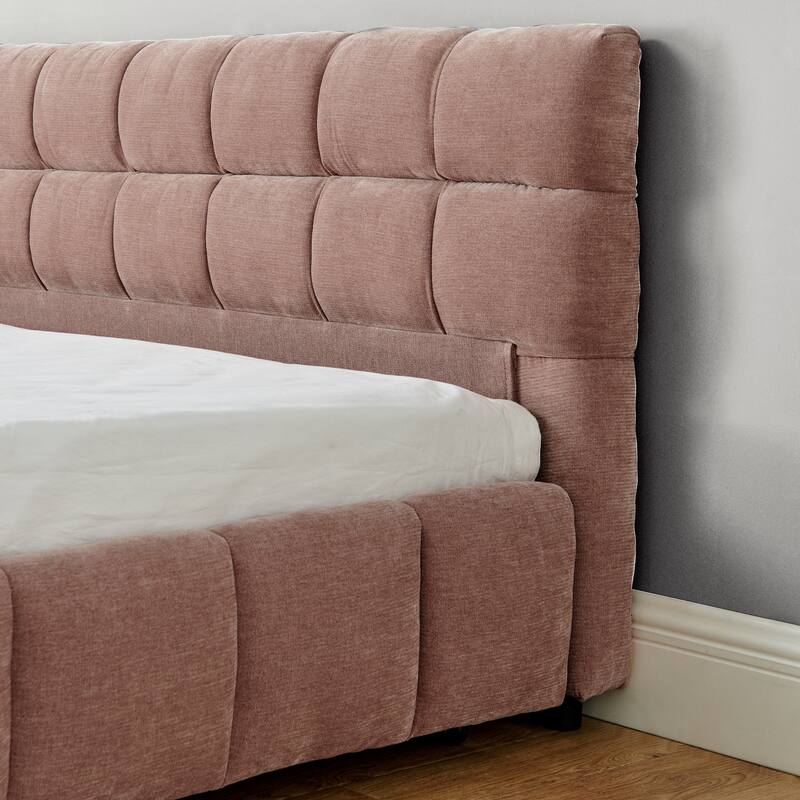 California King Size Chenille Fabric Bed Frame, Tufted Upholstered Platform Bed with 4 Storage Drawers, No Box Spring Needed