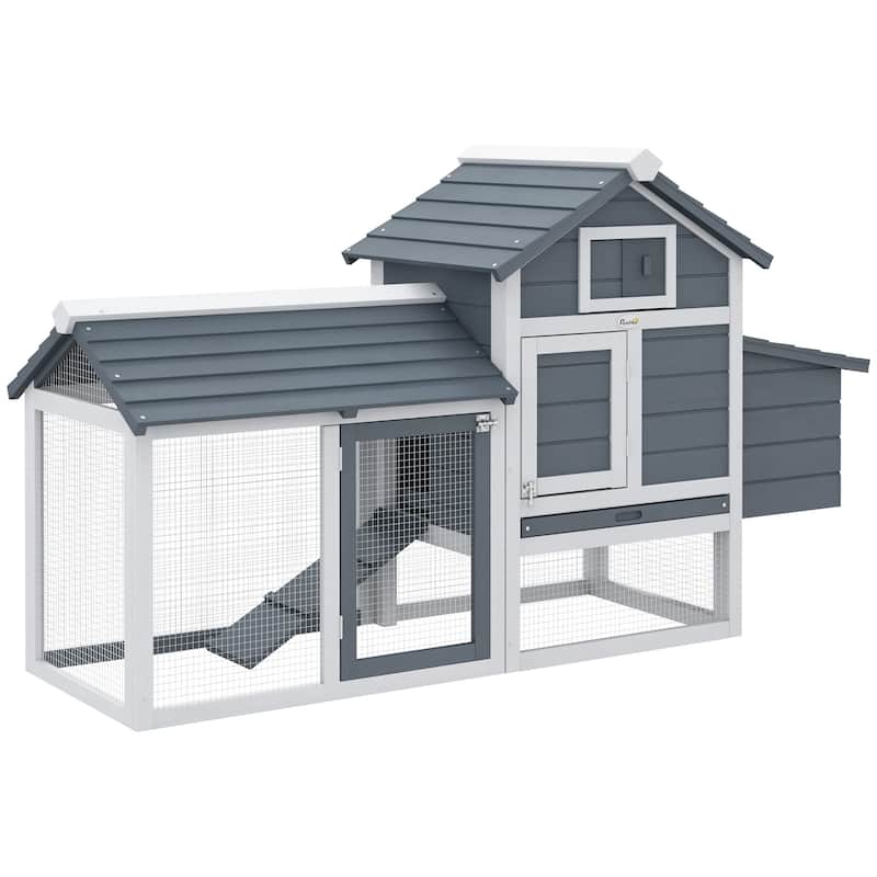 PawHut 59" Solid Enclosed Outdoor Backyard Chicken Coop Kit with Nesting Box,Grey - White